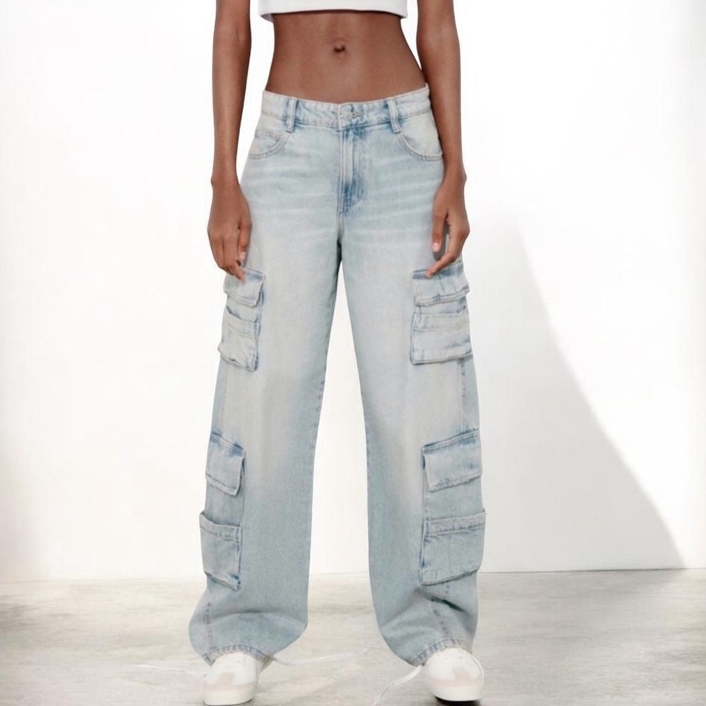Zara Light Blue Wide Leg Cargo Jeans